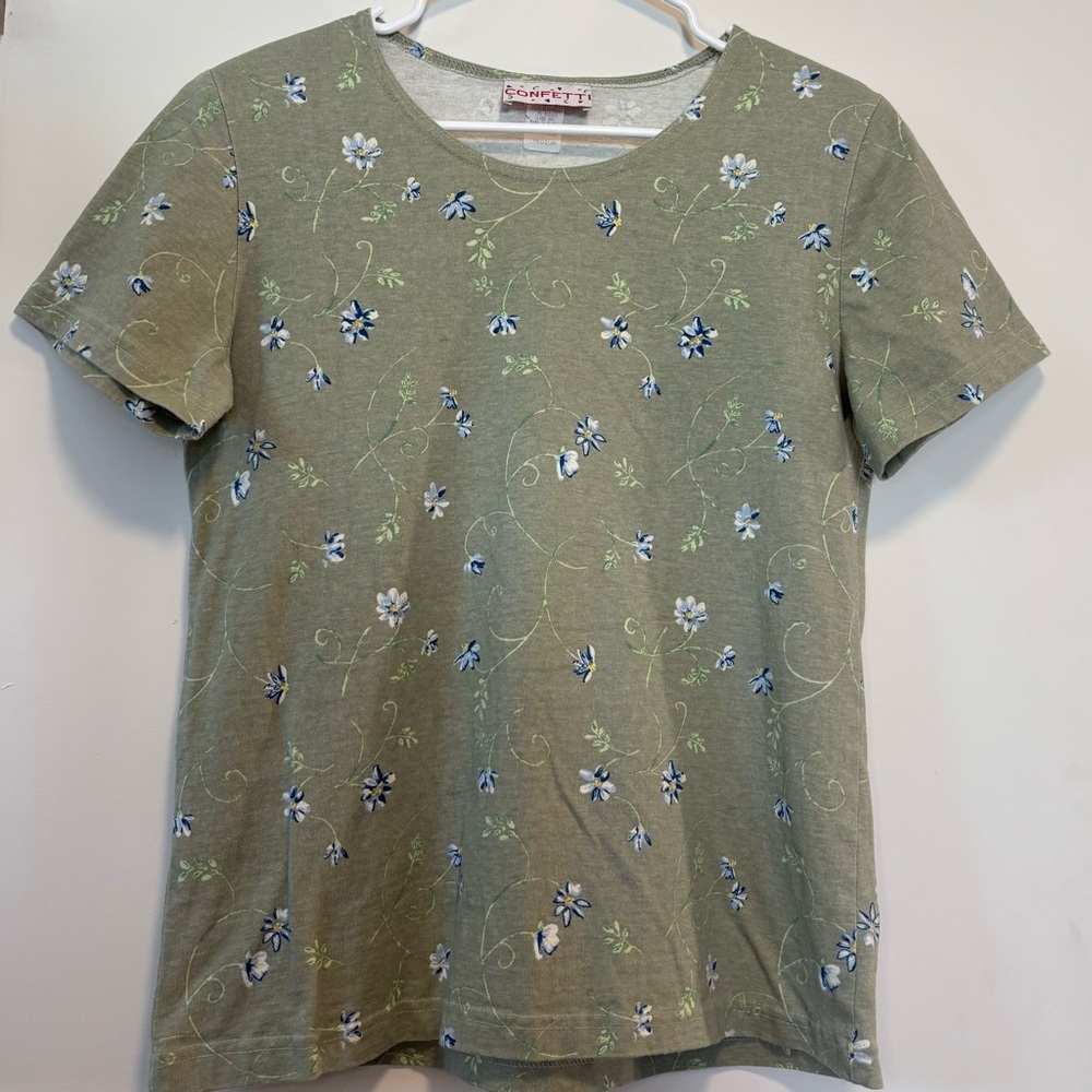Vintage Confetti Heather Green Floral T-Shirt Tee Cottagecore Women Medium